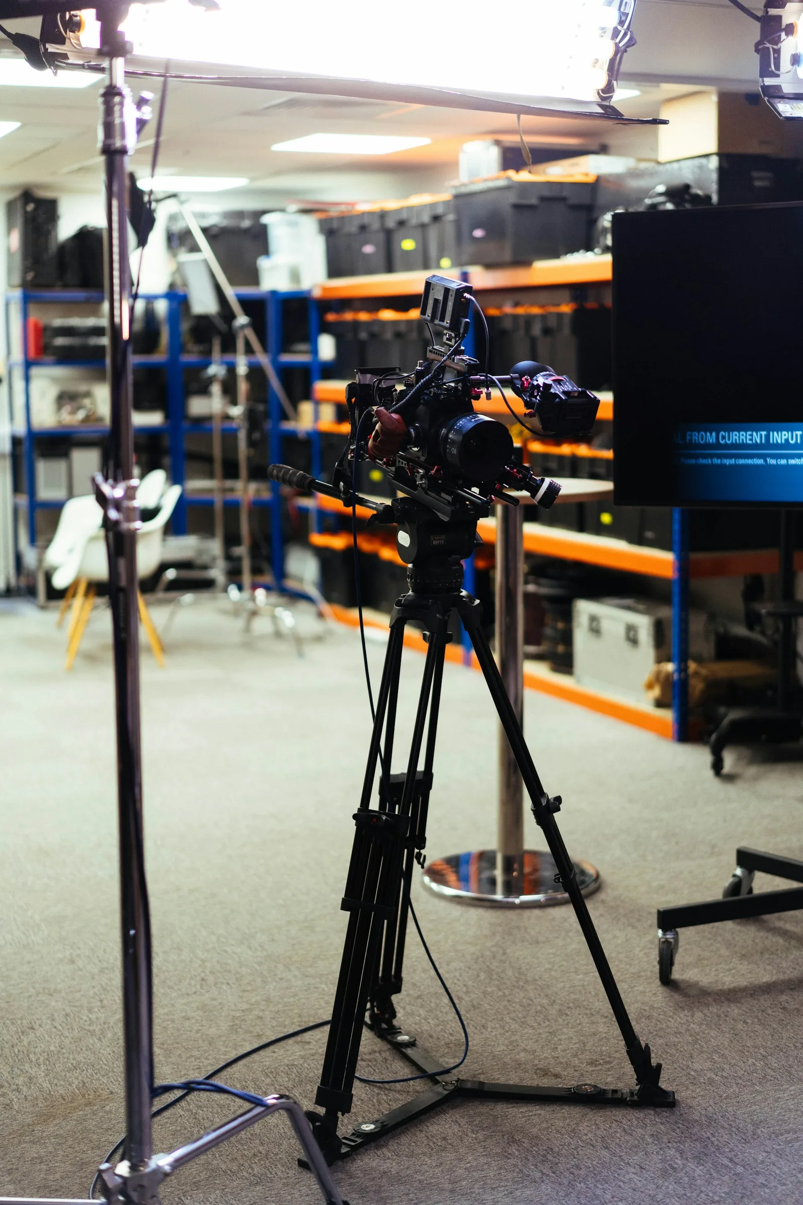 Professional camera on a tripod for content production